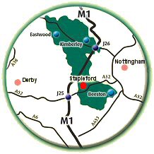 Stapleford in Nottinghashire is located  aproximaely half-way between Nottingham and Derby